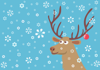 Branched Horns on the Head of an Adult Reindeer. Merry Christmas Card with Deer. Blue background with snowflakes. Vector illustration.