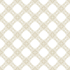 Vector grid seamless pattern. Abstract golden geometric texture with thin diagonal cross lines, rhombuses, mesh, lattice, grill, diamond shapes. Simple gold line background. Repeat luxury geo design