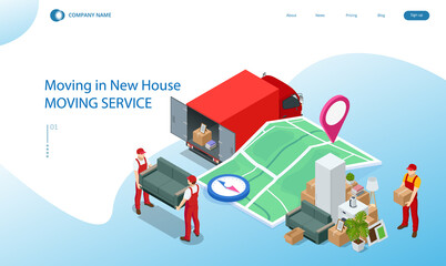 Isometric Moving Company Worker Carrying Boxes and Furniture, Truck Delivering. Delivery Truck Full of Home Stuff Inside. Moving to New House. Boxes with Goods. Man with Cardboard Boxes.