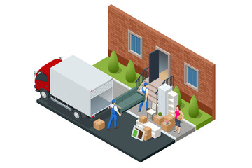Isometric Moving Company Worker Carrying Boxes and Furniture, Truck Delivering. Delivery Truck Full of Home Stuff Inside. Moving to New House. Boxes with Goods. Man with Cardboard Boxes.