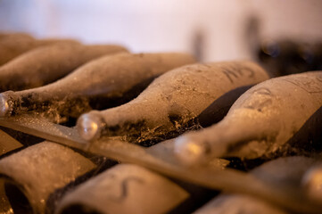 Visit of deep and long undergrounds caves for making champagne sparkling wine from chardonnay and pinor noir grapes in Reims, Champagne, France