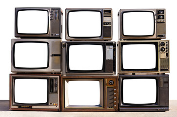 Pile of vintage televisions with cut out screen with clipping path isolated on white background.