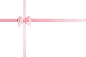 Beautiful pink satin ribbon with bow isolated on white.