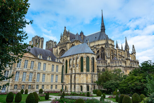 View from back side on gothic Roman Catholic cathedral church Notre-Dame in central part of old French city Reims, France