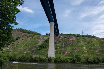 View on hills with terraced vineyards along bank of Mosel river and high Mosel bridge near  ...