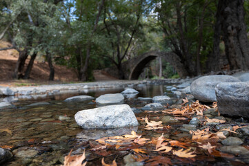 Medieval venetian stone arch bridge located in Troodos mountains, Cyprus