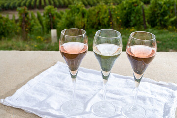 Glasses of white and rose brut champagne wine and view on grand cru vineyards of  Montagne de Reims near Verzenay, Champagne, France