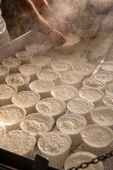 Process of making fresh white soft ricotta whey cheese on small cheese farm in Parma, Italy