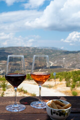 Wine industry of Cyprus island, tasting of red and rose dry wines on winery with view on vineyards and south slopes of Troodos mountain range.