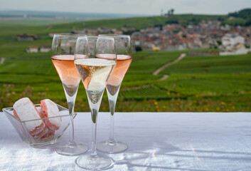 Tasting of white and rose brut champagne wine with view on green pinot noir grand cru vineyards of famous champagne houses in Montagne de Reims near Verzenay, Champagne, France