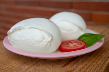 White ball of Italian soft cheese Mozzarella di Bufala Campana with fresh green basil and red tomato