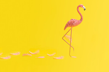 Awesome pink flamingo toy against bright yellow background. Few fluffy pink feathers left behind. behind