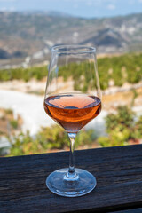 Wine industry of Cyprus island, tasting of rose dry wine on winery with view on vineyards and south slopes of Troodos mountain range.