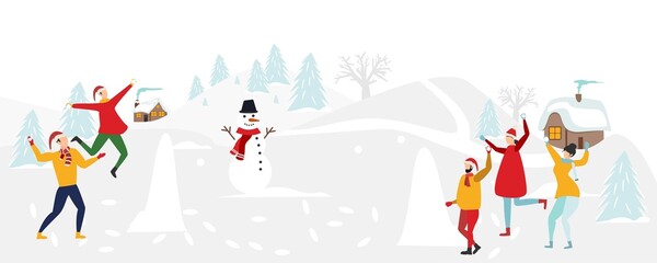 Winter activities concept. Young people throw snowballs and throw snowballs, enjoying the falling snow and winter nature against the backdrop of a country landscape. Vector.
