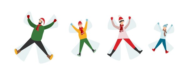 People lie in the snow, creating angels, isolated vector family in mittens and winter clothes outdoors, pastime and leisure, having fun and having fun outdoors, snow angel silhouette.