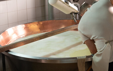 Process of making wheels of parmigiano-reggiano parmesan cheese on small cheese farm in Parma, Italy