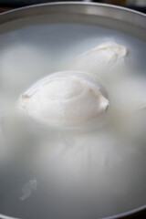 White balls of Italian soft cheese Mozzarella di Bufala Campana on Italian cheese farm, Campania, Italy