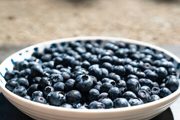 Closeup cropped view of a full bowl of blueberries