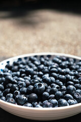 Closeup view of a bowl of blueberries