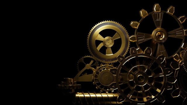 Golden clockwork mechanism, close up. Precision engineering, concept. Digital 3D rendering.
