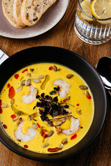 corn soup with shrimp in a black plate
