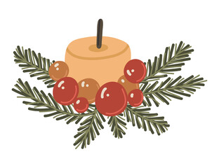 Vector isolated element. Candle with Christmas tree branches. Christmas tree toys. Decoration for Christmas. Color image on a white background. The print is used for packaging design.