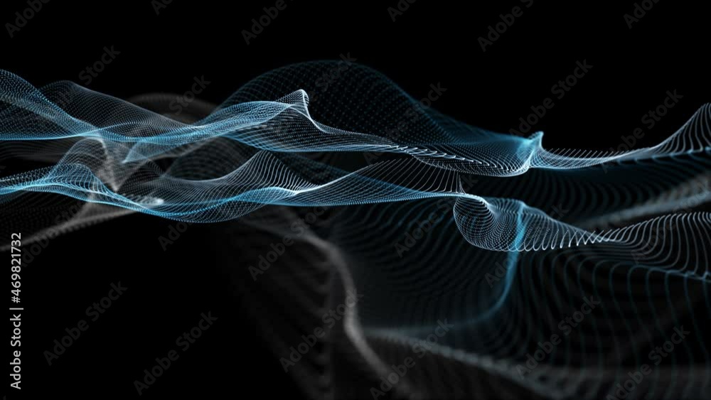 Poster futuristic video animation with particle wave object in slow motion, 4096x2304 loop 4k