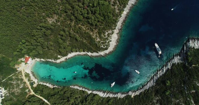 Aerial view of a small bay with a paradise beach near Zavalatica town on Korcula Island, Dalmatia, Croatia.