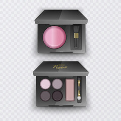 Cosmetics set, realistic Eye shadow, lip gloss and powder blush collection. Product placement Vector format