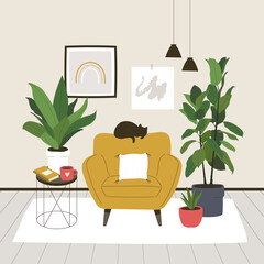 Boho style cozy living room illustration concept