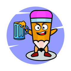 Pencil mascot character with beer glass and cute stylish design for t-shirt, sticker, logo elements