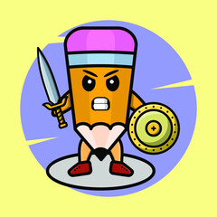 Cartoon pencil mascot holding sword and shield in cute style for t-shirt, sticker, logo element