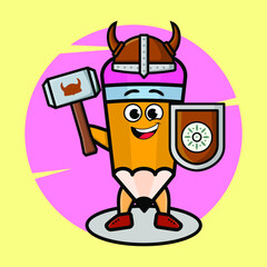 Pencil viking pirate character cartoon with hat and holding hammer and shield in cute style design for t-shirt, sticker, logo element, poster