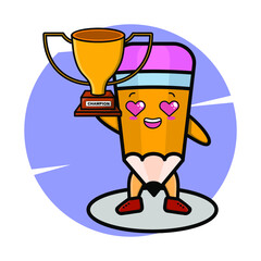 Cartoon illustration of pencil is holding up the golden trophy with happy gesture, cute style design for t-shirt, sticker, logo element