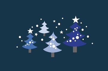 Christmas trees simplified illustration with snow falling and slight decoration