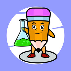 pencil mascot character as scientist with chemical reaction glass cute style design for t-shirt, sticker, logo element