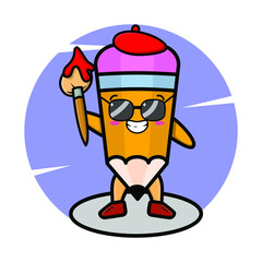 Pencil painter cartoon character with hat and a brush to draw   cute style design for t-shirt, sticker, logo element for t-shirt, sticker, logo element
