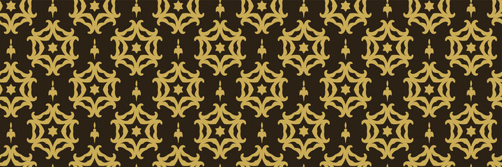 Background pattern with geometric and floral golden elements on a black background for your design. Seamless background for wallpaper, textures.