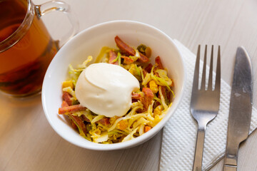 Russian salad Piquant - smoked sausage, green peas, cucumbers, corn and sour cream