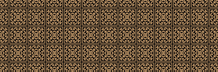 Background pattern with decorative floral elements in ethnic style on a black background for your design. Seamless background for wallpaper, textures.