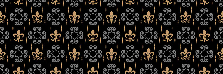 Background pattern with vintage ornament on black background. Wallpaper, textile design texture.