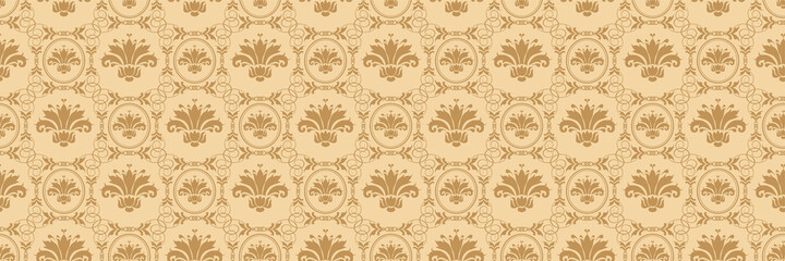 Background pattern with floral ornament in Victorian style on a beige background. Wallpaper, textile design texture. 
