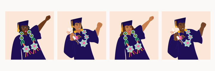 Illustration set of happy graduates wearing flower money lei
