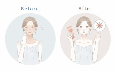 日焼けに悩む女性のビフォーアフター　日焼け止めの効果のイメージ。