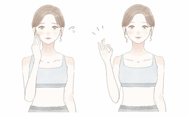 スポーツウェアを着た悩んでいる女性のビフォーアフター　OKサイン