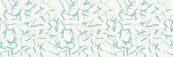 Aegean teal streaked border strip linen texture background. Coastal summer style home decor fabric effect. Sea green wash grunge edge material. Decorative textile mottle seamless pattern banner. 