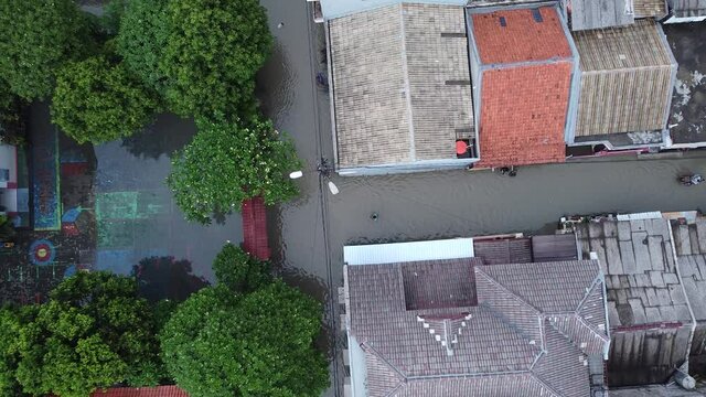 aerial shot, residential areas are flooded
