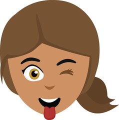 Vector illustration of the face of a cartoon brunette woman, winking and with her tongue out

