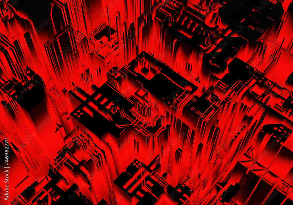 Aufkleber PCB background. Black-red digital circuit board. Background visualization on topic of microelectronics. Pattern with elements of digital circuit board. Abstract background without focus. 3d rendering