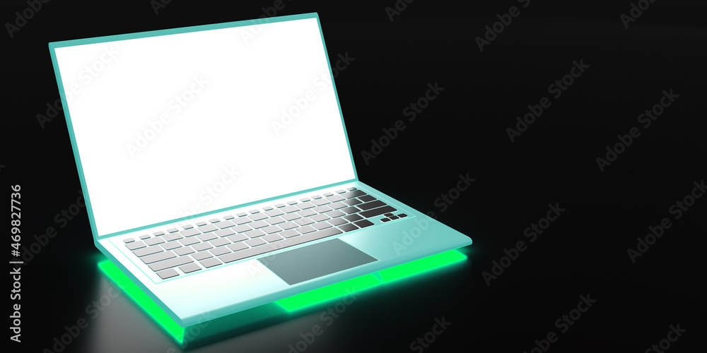 Poster laptop computer with blank screen. laptop on black background. silvery notebook template. website la